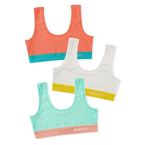 Image of INNERSY Girls Training Bra Cotton Sports Bras Teenage Bralette Crop Top Kids Underwear Pack of 3 (L, White/Pink/Green)