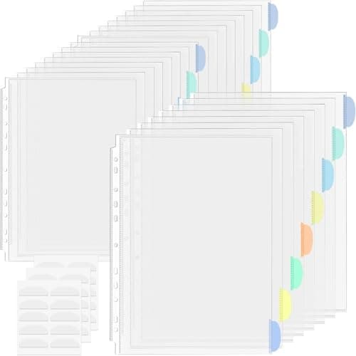 Image of 24 Pack A4 Plastic Sleeves Binder Separators with Tabs Binder Pocket 11 Holes Tabs Divider Binder Folders for 2/3/4 Ring Document Pouch Transparent for School Home Office
