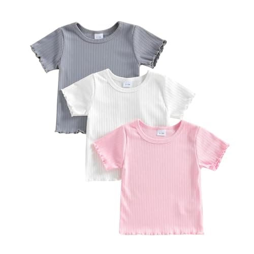 Image of 3 Pack Toddler Baby Boy Girl Summer Short Sleeve Shirts Solid Color Lettuce Trim Ribbed Knit Crew Neck Tops Comfy Cute Basic Tees Kids Summer Clothes 6M-5T (White, 3-4 Years)