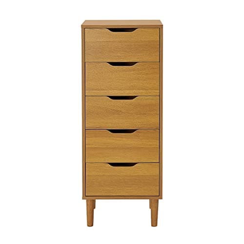 Image of Panana Chest of Drawers, Wood 5 Drawers Cabinet Narrow Storage Organiser Unit with Wooden Legs for Living Room Bedroom Hallway (Oak)