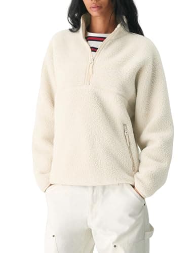 Image of Aimiray Fleece Pullover Women Long Sleeve Half Zip Sherpa Jacket Warm Trendy Teddy Fall Sweatshirts with Side Pockets, Beige, L