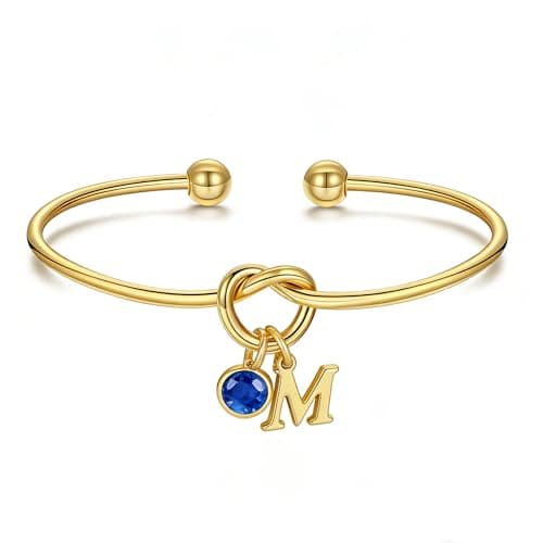 Image of TINGN Birthstone Bracelet for Women - 14K Gold Plated Initial M Knot Bangle Bracelet Sapphire September Birthstone Bracelets, Bridesmaid Birthday Gifts for Women Teen Girls