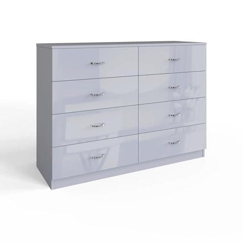 Image of FWStyle Chilton Grey Gloss Wide 8 Drawer Chest of Drawers, Contemporary Bedroom Storage Furniture with Deep Drawers, Matt Grey Frame, W114cm H77 cm D40 cm