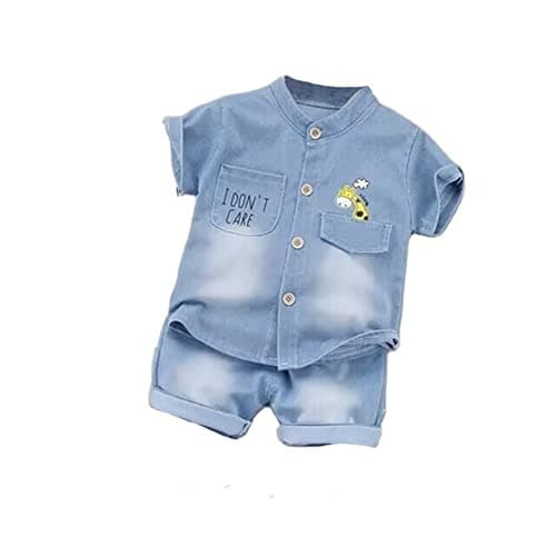 Image of YIKIURL Summer Baby Boys Clothing Set Infant Clothes Cartoon T-shirt + Denim Shorts 2PCS Toddler Kids Casual Suit (Blue, 4T)