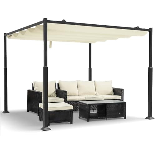 Image of VOUNOT 3x3m Metal Pergola with Retractable Roof, Gazebo with Sun Shade Canopy for Garden Patio Outdoor, Beige
