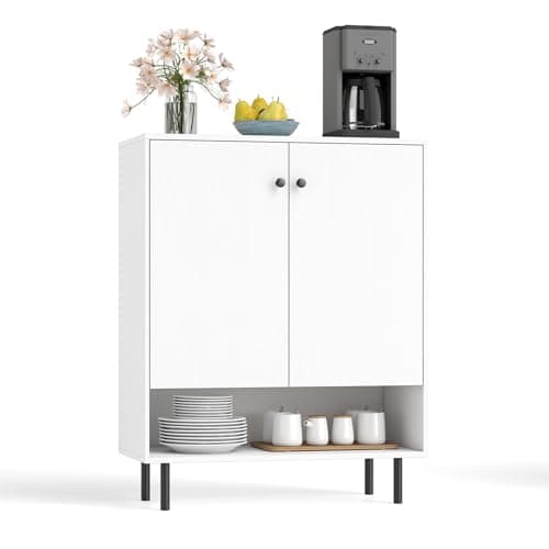Image of TANGZON Storage Cabinet, 2 Door Buffet Sideboard with Adjustable Shelf, Open Compartment & Metal Legs, Freestanding Kitchen Cupboard Organiser for Dining Living Room Hallway (White)