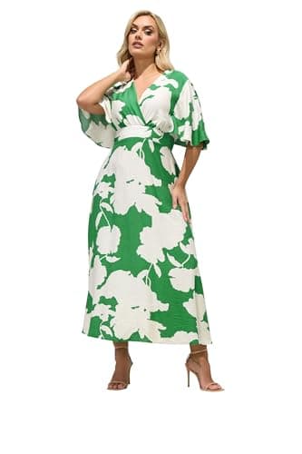 Image of Yours London Curve Floral Linen Look Wrap Dress - Women's - Plus Size Curve Green