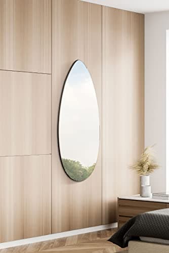 Image of MirrorOutlet The Tear Drop - Frameless Modern Full Length Glass Leaner/Wall Mirror 47" X 18" (120CM X 45CM) Silver Mirror Glass with Black wooden Backing - Polished Edging
