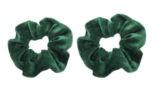 Image of 2 x (Pair) Girls Women's Premium Girls Velvet Scrunchies Soft Hair Elastic Hair Bobble Ties Set (Emerald/Dark Green)