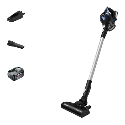 Image of Bosch BBS611GB Unlimited 6 Cordless Stick Vacuum Cleaner with Accessories and Docking Station, Ultra Lightweight Design, 1 x Interchangeable 18V Battery, 30 Minutes Run Time, Blue