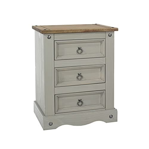 Image of Home Source Solid Pine Wood Distressed Waxed 3 Drawer Bedside Nightstand, Grey