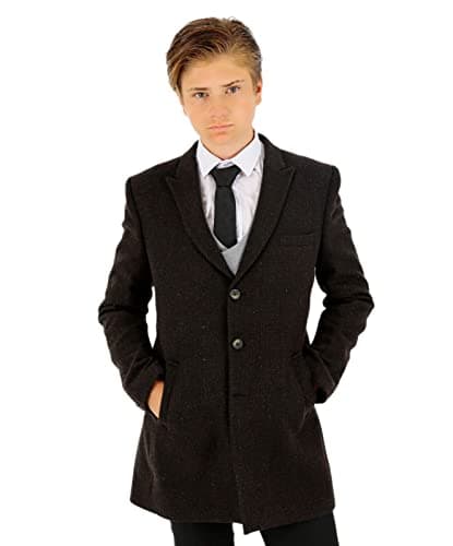 Image of SIRRI Boys Wool Tweed Patterned Classic Midi Length Dark Brown Coat Formal Pageboy Wedding Jacket Age 15 Years