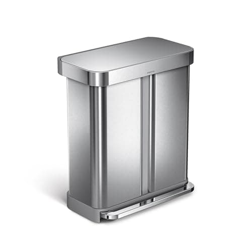 Image of simplehuman CW2025 58L (34/24) Rectangular Recycling Kitchen Pedal Bin with Liner Pocket, Silent Soft Close Lid, Strong Wide Pedal, Fingerprint-Proof, Brushed Stainless Steel