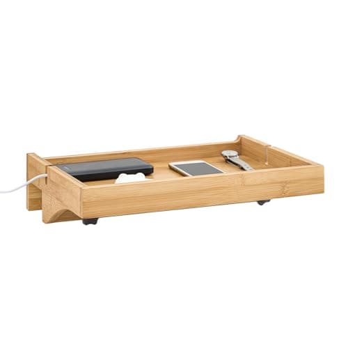 Image of SoBuy Bedside Shelf Clip-On with Cable Slots - Bamboo Bedside Table Tray for Books, Phone, Glasses, W36 x D25 x H9 cm Natural NKD01-N