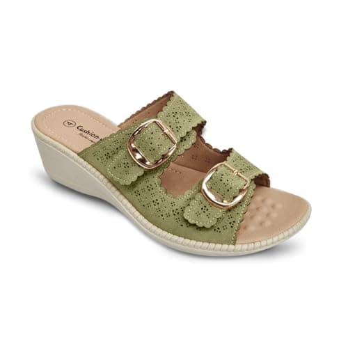 Image of Womens Wide Fit Wedge Sandals EEE Fitting Twin Buckle Open Toe Strap Slip On Mule Beach Holiday Ladies Summer Massage Footbed (Sage Green, UK Footwear Size System, Adult, Women, Numeric, Wide, 6)