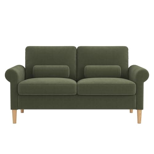 Image of Hroth Large 2 Seater Sofa, Upholstered Fabric Couch with Deep Seat & Extra Cushions, Modern Living Room Sofa for Home & Flat, Wooden Legs, Green