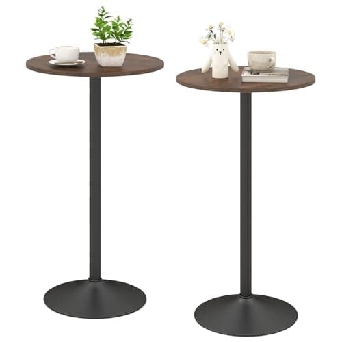 Image of COSTWAY Round Bar Table, Counter Bistro Pub Tables with Fixed Tabletop and Stable Base, Circular Cocktail Dining Table for Home, Office and Kitchen, Holds up to 150kg (2, Brown+Black, 101cm H)