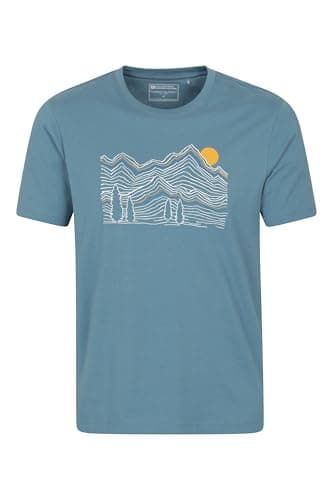 Image of Mountain Warehouse Linear Mountain Mens Cotton T-Shirt - Lightweight & Breathable UV Protect Tee Shirt - Best for Spring Summer, Outdoors & Holiday Blue L