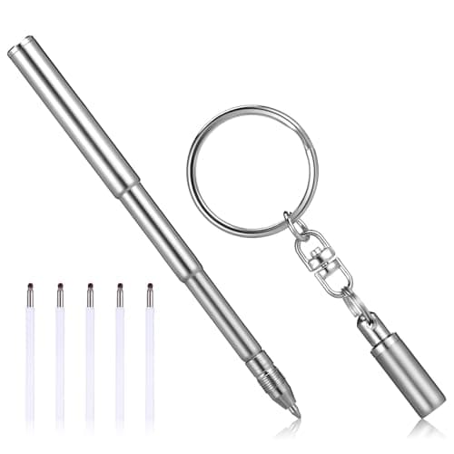 Image of RUNROTOO Retractable Stainless Steel Mini Ballpoint Pen Keychain with Pen Refills for Travel and Journey with Key Ring
