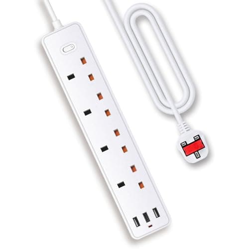 Image of Extension Lead with 4 Way Plug Sockets,Wall Mountable Extension Socket with Individual Switches and 3 USB (1 USB C) Charging Ports,13A 3250W,1.85M Extension Cord White (White, 1.85M)