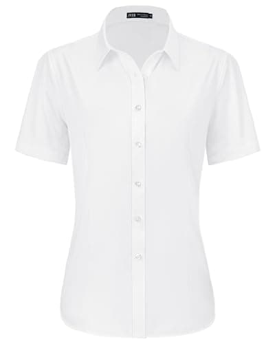 Image of J.VER White Shirts for Women Summer Fitted Stretch Short Sleeve Business Casual Button Down Shirt Formal Dress Work Ladies Tops Blouses 2XL