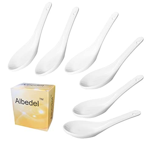 Image of Albedel 6 pcs Asia Porcelain Soup Spoon Ceramic Rice Spoons Chinese Won Ton Spoons for Home Kitchen Restaurant White