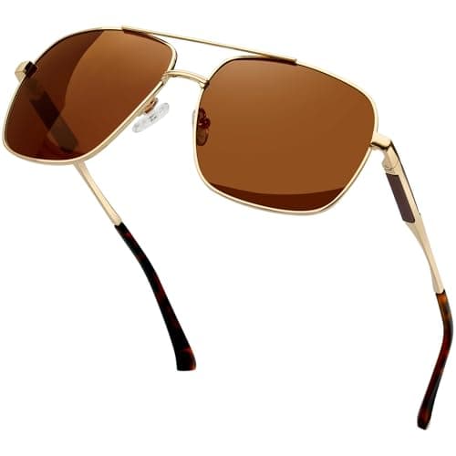 Image of KANASTAL Brown Square Sunglasses Womens Polarised Mens Wide Oversized Ladies Large Metal UV400 Driving Road Trips Fishing Fashion Travel - Gold Frame Brown Lens