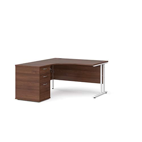 Image of Mr Office Maestro 25 left hand ergonomic desk with white cantilever frame and desk high pedestal bundle, Walnut, 1400