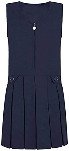 Image of Girls Pleated Pinafore School Dress, Sleeveless Uniform Heart Front Zip & Side Buttons, Smart Summer Schoolwear Dresses (Navy, 5-6 Years)