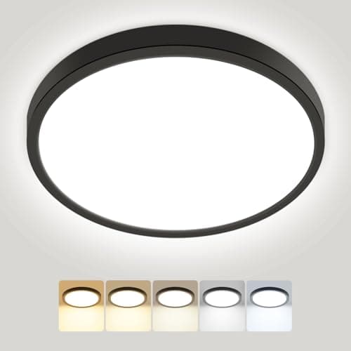 Image of Peasur Bathroom Light, 3000K/3500K/4000K/5000K/6500K 5 Color Temperature LED Ceiling Light, 18W 1800LM, IP54 Waterproof, Round, Modern, Flush Ceiling Light for Bathroom, Kitchen, BedroomØ22CM(Black)