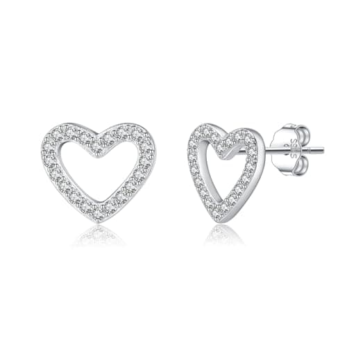 Image of Reffeer 925 Sterling Silver CZ Heart Stud Earrings for Women Teen Girls Open Heart Earrings Stud (A-Silver)