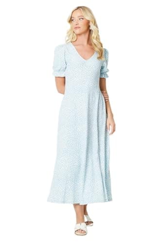 Image of Dorothy Perkins Blue Abstract V Neck Short Sleeve Jersey Midi Dress, 14, Light Blue