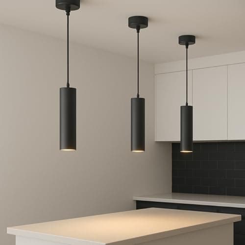 Image of CGC Lighting Black Cylinder Tube Slim Short Small Pendant Suspended Ceiling Light Adjustable Modern Dining Room Kitchen Lounge Hallway Bedroom