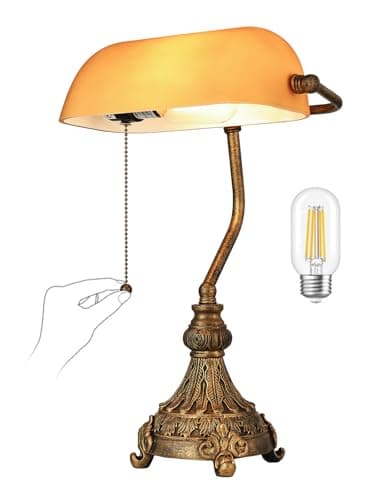 Image of Newrays Amber Glass Bankers Desk Lamp for Home Office,Library with Pull Chain Switch Plug in Fixture, LED Bulb Included