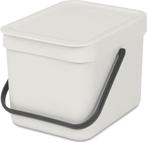 Image of Brabantia Sort & Go Food Waste Bin 6L (Light Grey), Space-Efficient Plastic Recycle Bin with Handle, Removable and Stay-Open Lid, Easy to Clean Kitchen Compost Caddy without Nooks and Rims