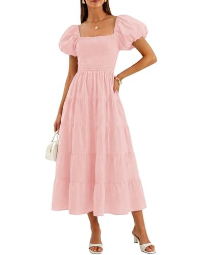 Image of ZESICA Women's Summer Square Neck Short Puff Sleeve Solid Color High Waist Casual Smocked Flowy A Line Tiered Midi Dress, Pink, Medium