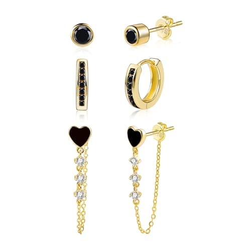 Image of Gold Stud Hoop Earrings ALEXCRAFT 14K Goldplated Multipack Dainty Stack Drop Dangle Earring Black Zirconia Studs 9ct Gold Small Cartilage Huggie Hoop Earrings Set for Women ladies Multiple Piercing