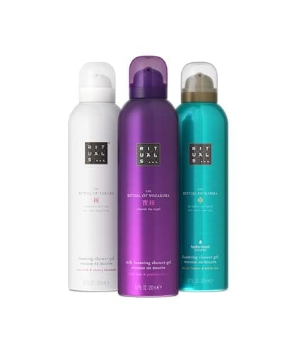 Image of RITUALS Shower Foam Value Gift Pack, Luxury Hydrating Shower Gel Set with Cherry Blossom and Rice Milk, White Tea and Lotus Flower, Yoshino Cherry and Black Rice, 3 x 200ml