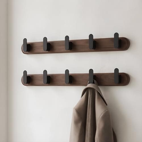 Image of Jugen Coat Hooks Wall Mounted – Solid Black Walnut Wooden Coat Rack, 5 Matte Black Heavy Duty Hooks for Coats, Clothes & Bags, Hidden Mount Design - 45cm, Pack of 2 (No Drill Adhesive or Screw Fixing)
