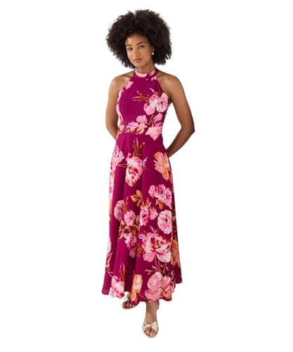 Image of Joe Browns Women's Floral Halter Neck Maxi Dress with Keyhole Back Detail, Petite, Pink, UK 18