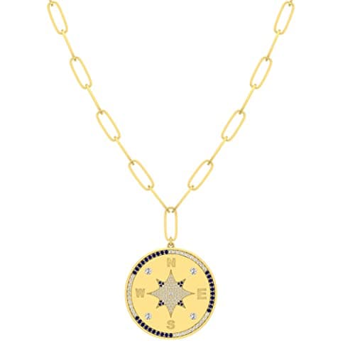 Image of DazzlingRock Collection Round Blue Sapphire & White Diamond Compass North Star Paperclip Gold Chain Pendant Necklace for Her in 18K Solid Yellow Gold
