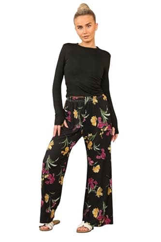 Image of Womens Floral Print Wide Leg Palazzo Trousers Elasticated Waist Loose Fit Casual Pants (Floral - Black S-M Short)