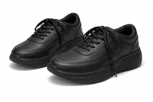 Image of Men’s Black Leather Walking Shoes – Lightweight Comfort Sneakers with Cushioned Sole, Lace-Up Casual Work Shoes for All-Day Support