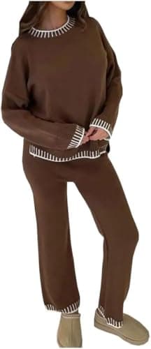 Image of WearAll Women’s Stitched Knitted Oversized Winter Warm Jumper Top Wide Leg Trousers 2PCS Co-Ord Tracksuit Sets Ladies Long Sleeve Knitwear Set Brown M