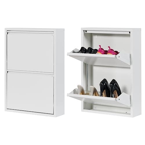 Image of Atahome Slim Shoe Cabinet Narrow Shoe Storage Cabinet for hallway wall mounted thin flip down Tall Metal Shoe Rack Storage Organiser Shoe cupboard Indoor Olympos 2-Drawer (White)