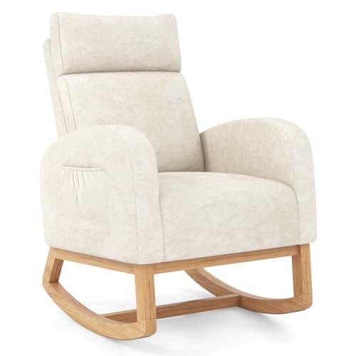 Image of COSTWAY Relax Rocking Chair, Chenille Fabric Upholstered Accent Glider Armchair with Headrest, Side Pocket & Solid Wood Legs, Modern High Back Leisure Lounge Rocker for Nursery Living Room Bedroom