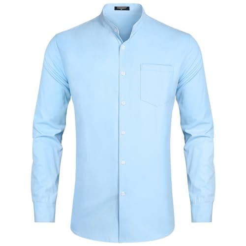 Image of HISDERN Grandad Collar Dress Shirt for Men Casual Wedding Long Sleeve Blue Mens Shirt Button Down with Pockets XXL