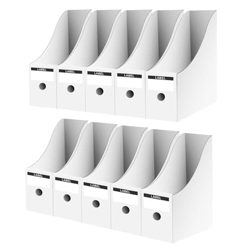 Image of Woobroo 10 Pack Magazine Holder, Magazine File Holder, Cardboard A4 Size Desktop Organiser with Labels, for Home School Office Magazine File, White