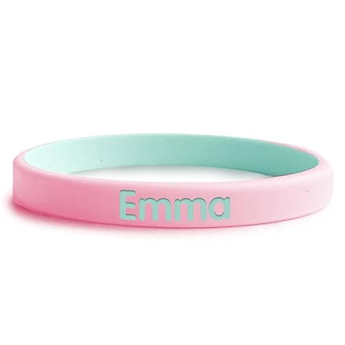 Image of EASY2NAME SOS Wristband for Children – Two-Tone Safety Bracelet Personalised with child's name and phone number. Perfect for outdoor activities (New pink-New green)