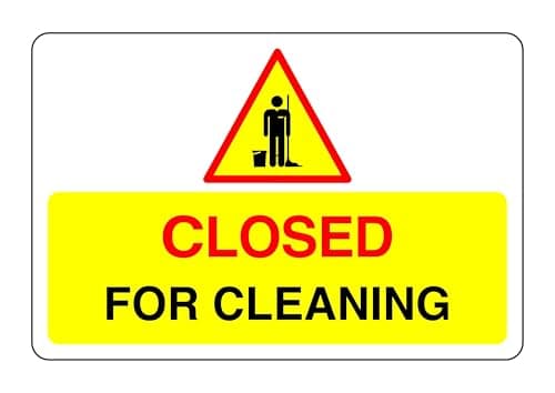 Image of Safety First Display LTD Closed for cleaning sign - 1.2mm Rigid plastic for indoor/outdoor usage (300mm x 200mm) Viewing Distance within 7m.